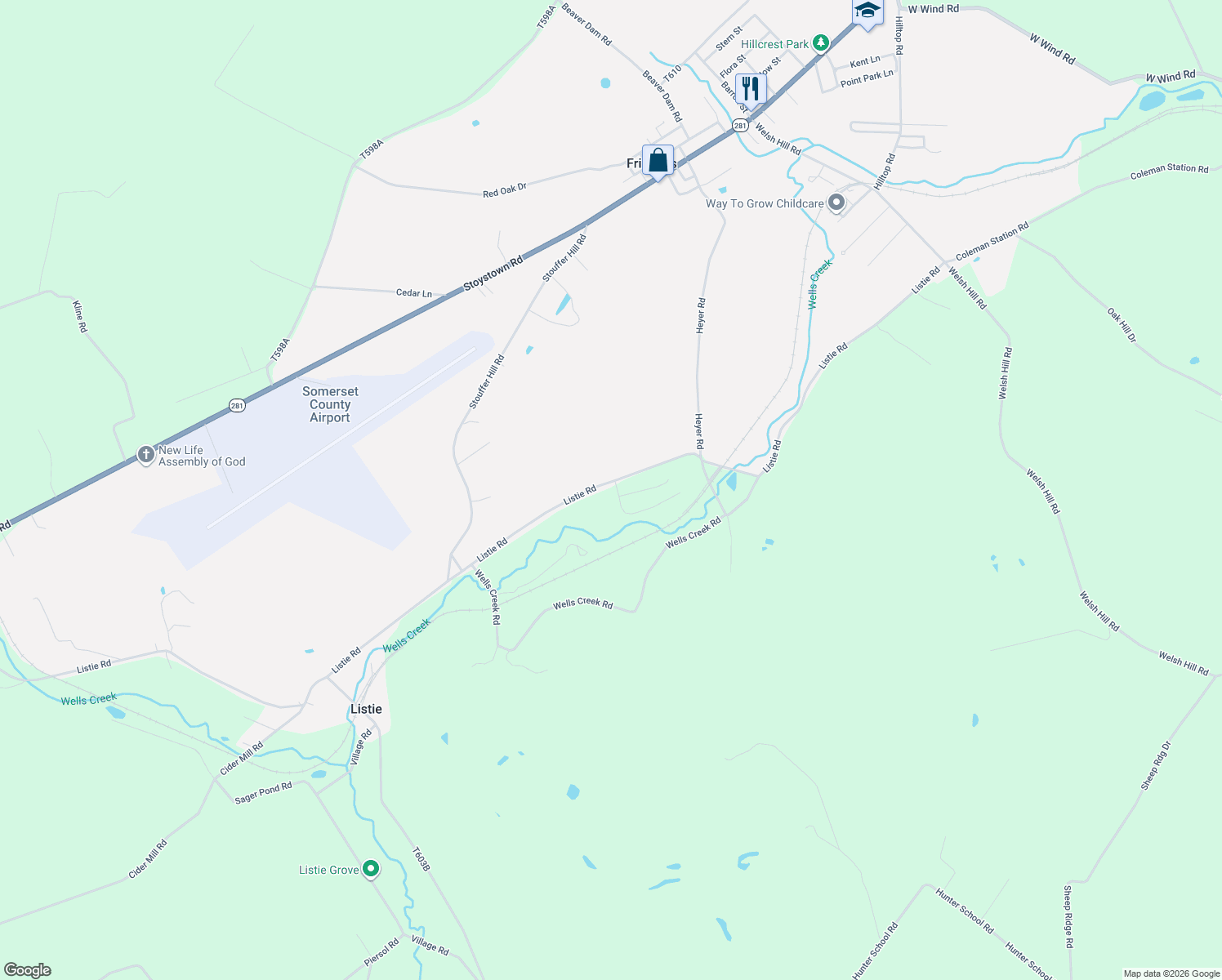map of restaurants, bars, coffee shops, grocery stores, and more near 1023 Listie Road in Friedens