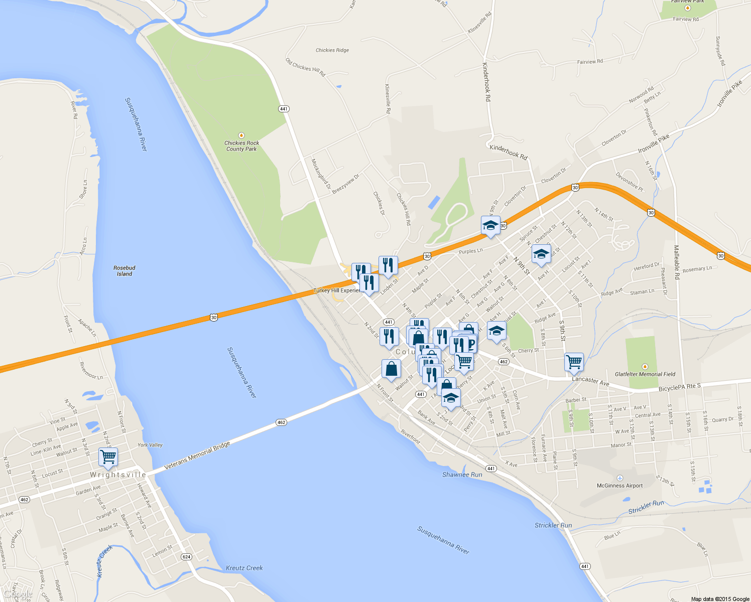 map of restaurants, bars, coffee shops, grocery stores, and more near 300 Linden Street in Columbia
