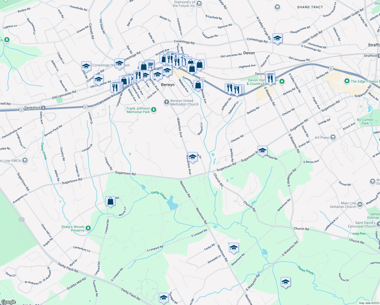 map of restaurants, bars, coffee shops, grocery stores, and more near 321 Lindsey Drive in Berwyn