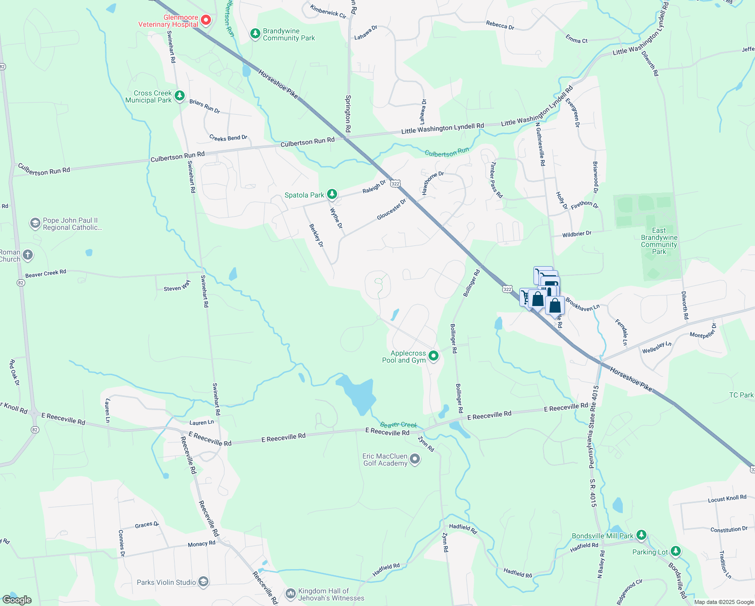 map of restaurants, bars, coffee shops, grocery stores, and more near 521 Prizer Court in Downingtown