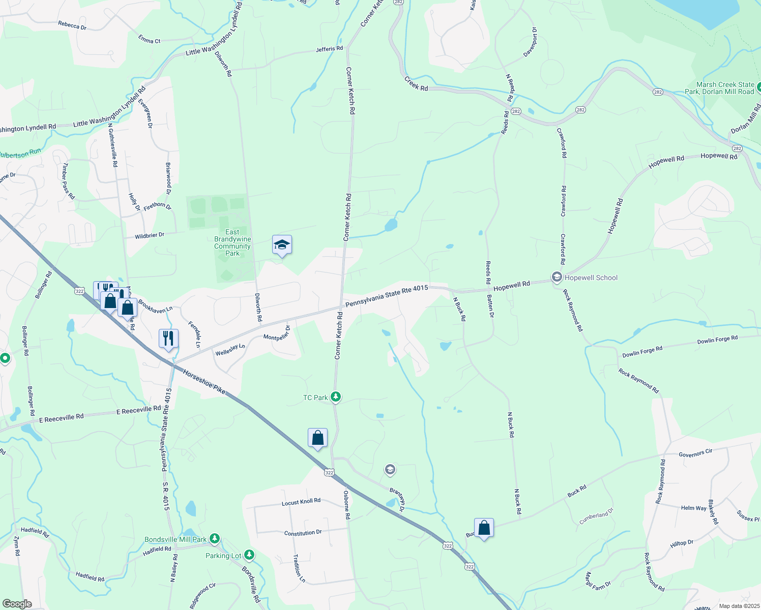 map of restaurants, bars, coffee shops, grocery stores, and more near 575 Hopewell Road in Downingtown