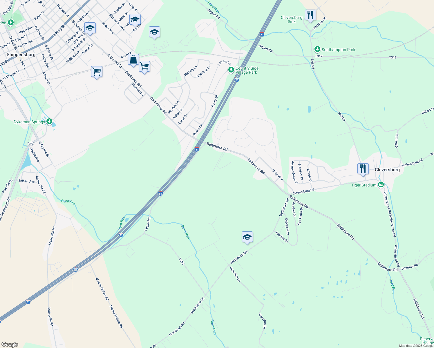 map of restaurants, bars, coffee shops, grocery stores, and more near 928 Baltimore Rd in Shippensburg