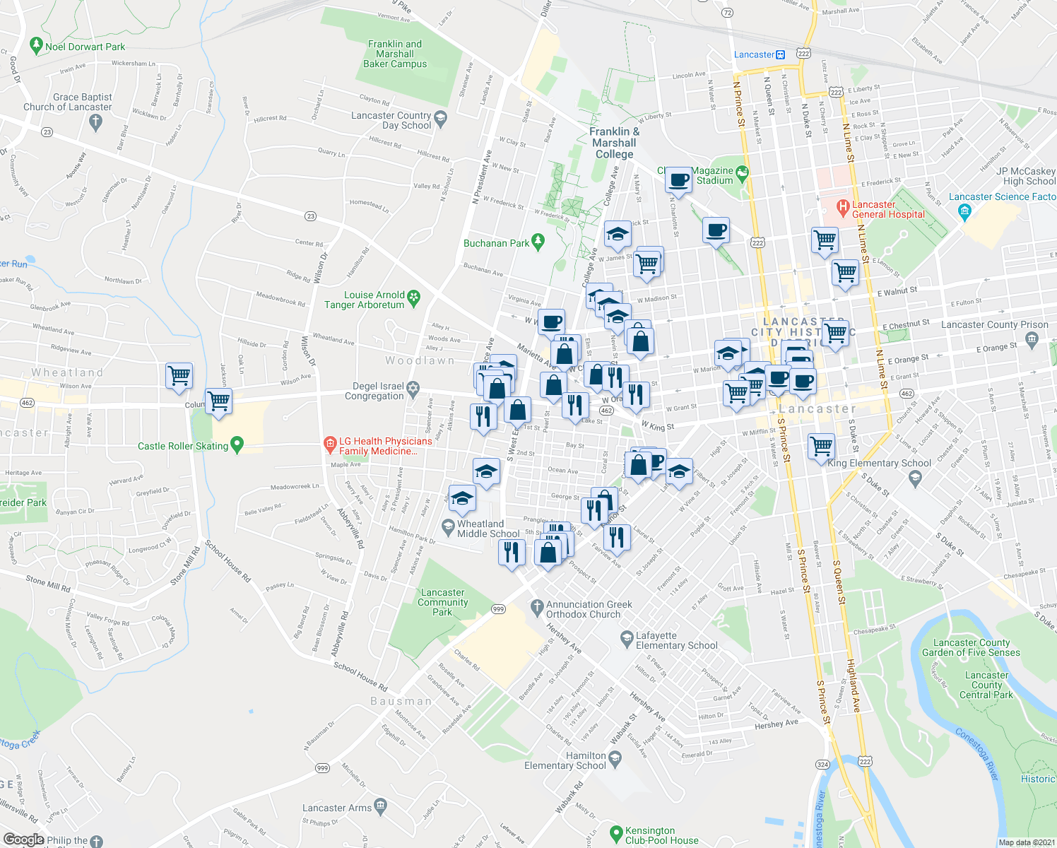 map of restaurants, bars, coffee shops, grocery stores, and more near 833 1st Street in Lancaster