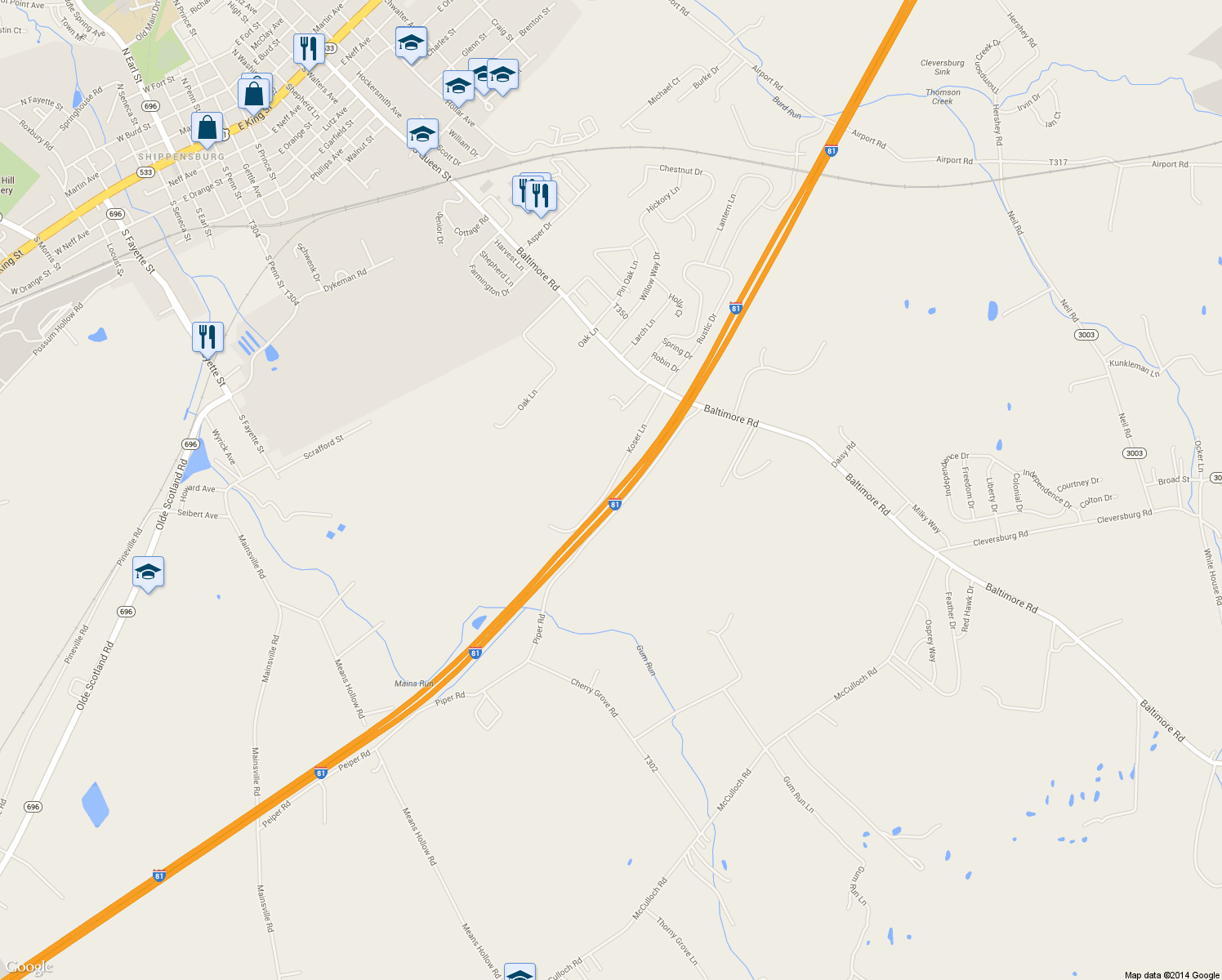 map of restaurants, bars, coffee shops, grocery stores, and more near 40 Koser Lane in Shippensburg