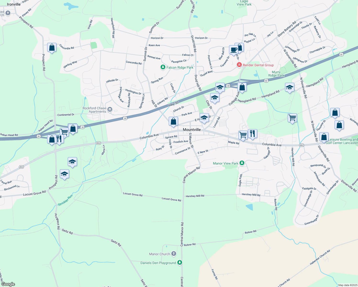 map of restaurants, bars, coffee shops, grocery stores, and more near 102 Froelich Avenue in Mountville
