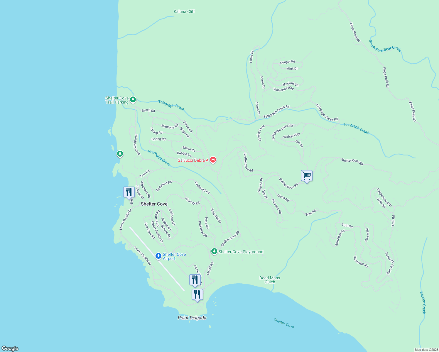 map of restaurants, bars, coffee shops, grocery stores, and more near 8344 Shelter Cove Rd in Whitethorn