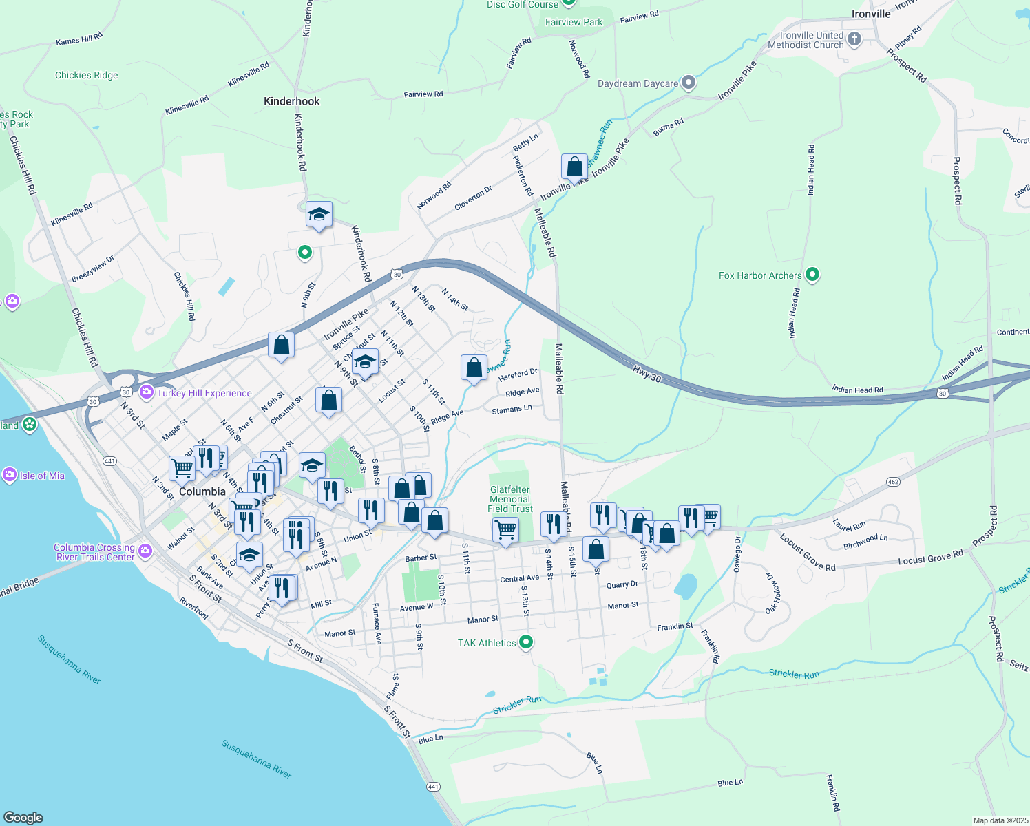 map of restaurants, bars, coffee shops, grocery stores, and more near 1272 Staman Lane in Columbia