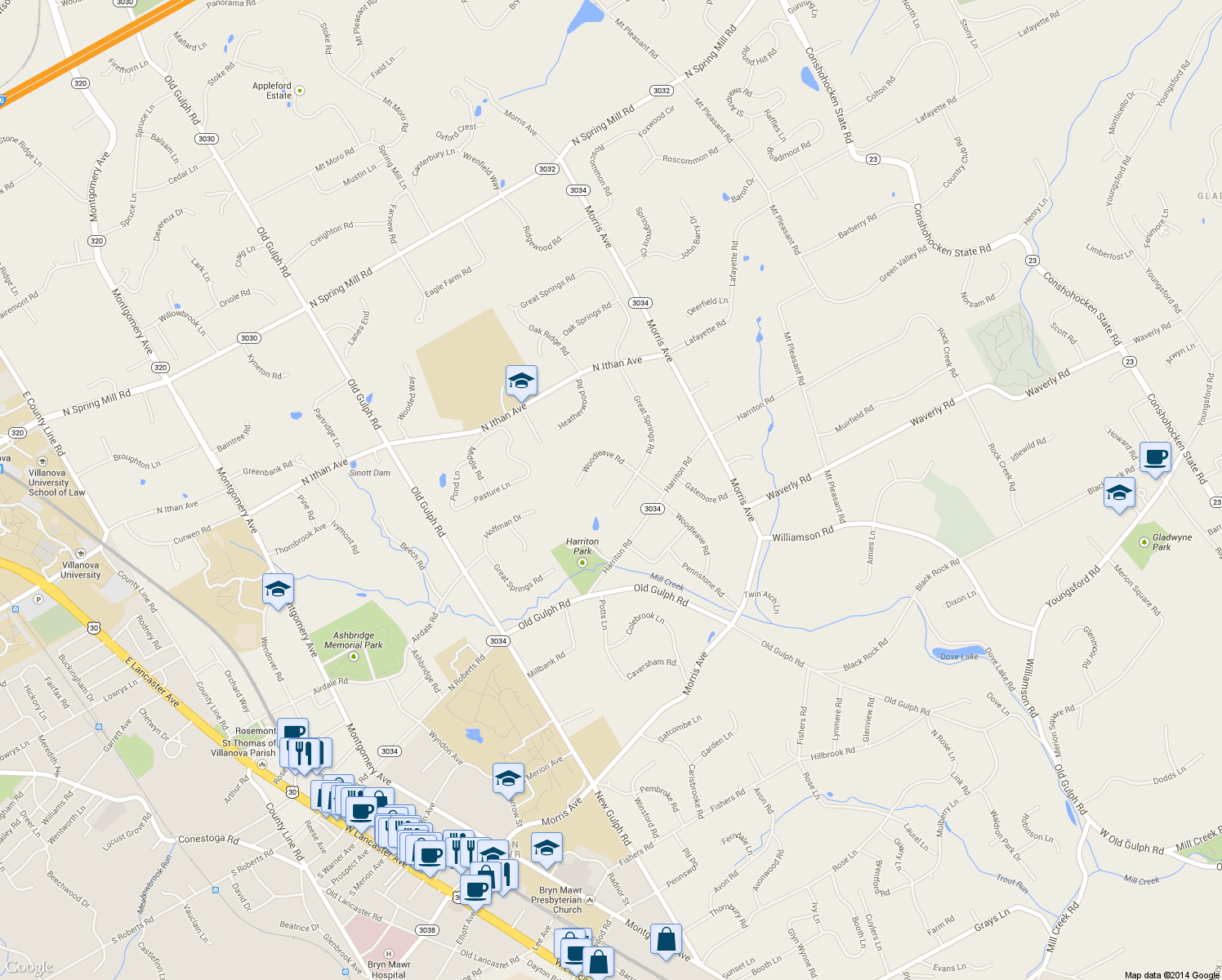 map of restaurants, bars, coffee shops, grocery stores, and more near 614 Great Springs Road in Bryn Mawr