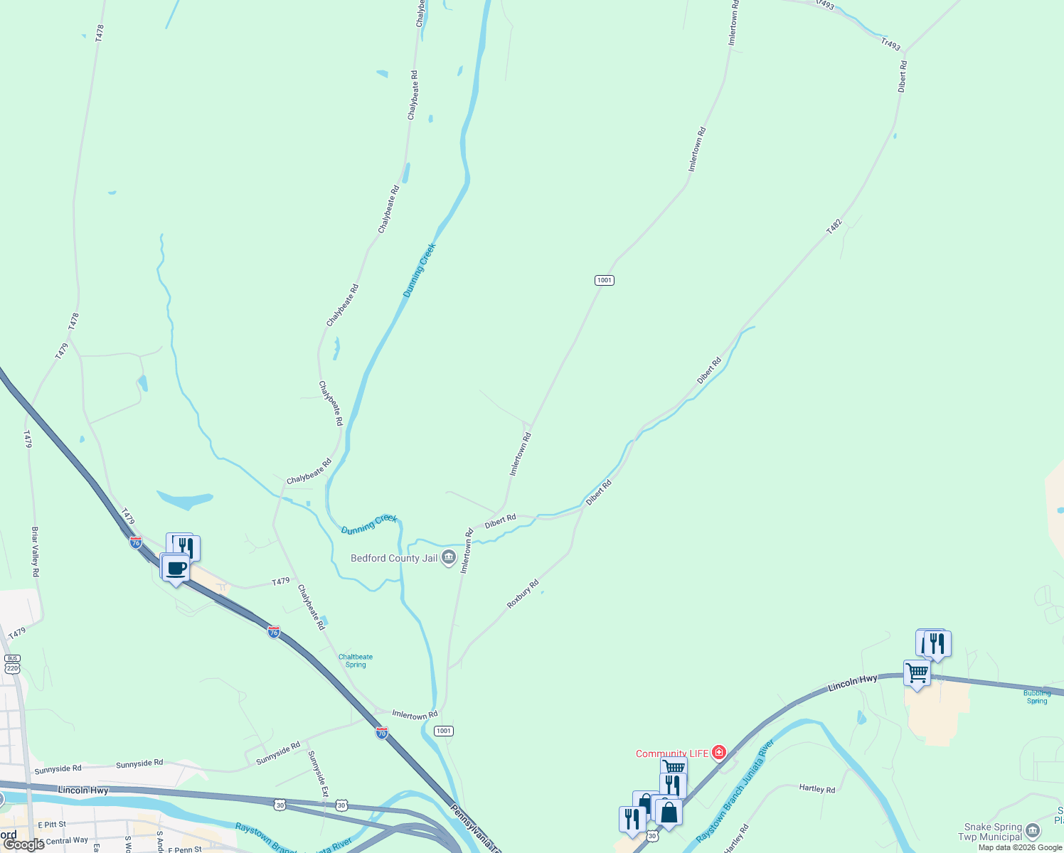 map of restaurants, bars, coffee shops, grocery stores, and more near 828 Imlertown Road in Bedford
