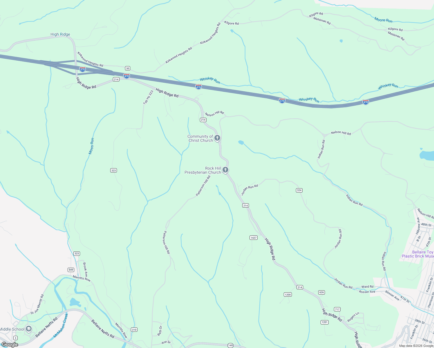 map of restaurants, bars, coffee shops, grocery stores, and more near 65920 Patterson Hill Road in Bellaire