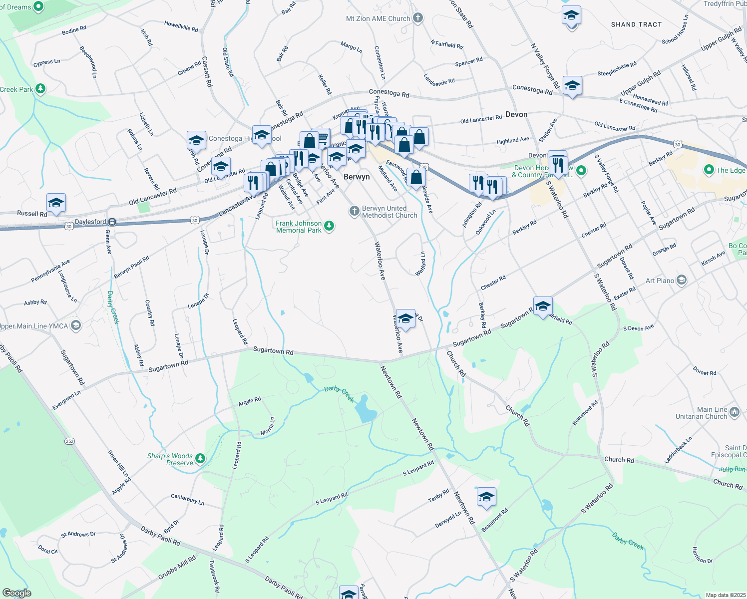 map of restaurants, bars, coffee shops, grocery stores, and more near 240 Dogwood Lane in Berwyn
