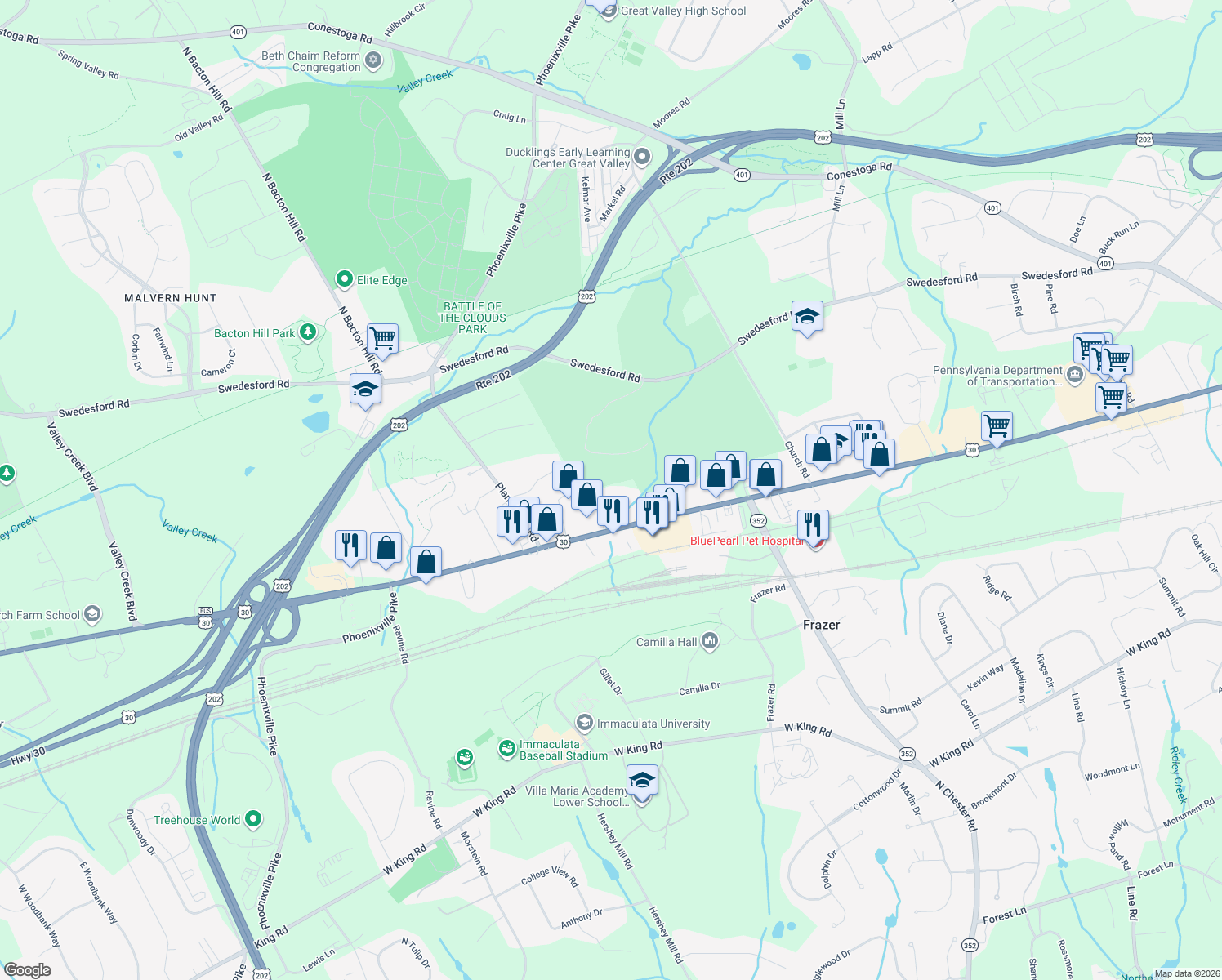 map of restaurants, bars, coffee shops, grocery stores, and more near 37 Coffman Avenue in Malvern