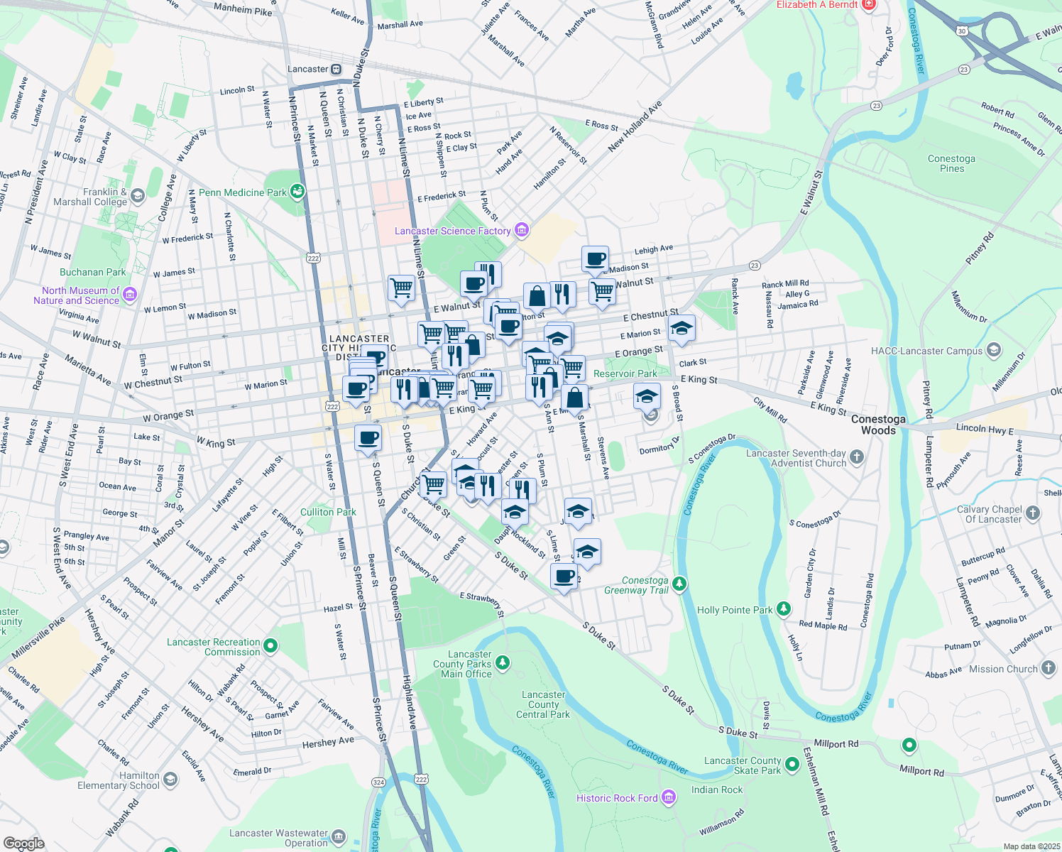 map of restaurants, bars, coffee shops, grocery stores, and more near 467 South Plum Street in Lancaster