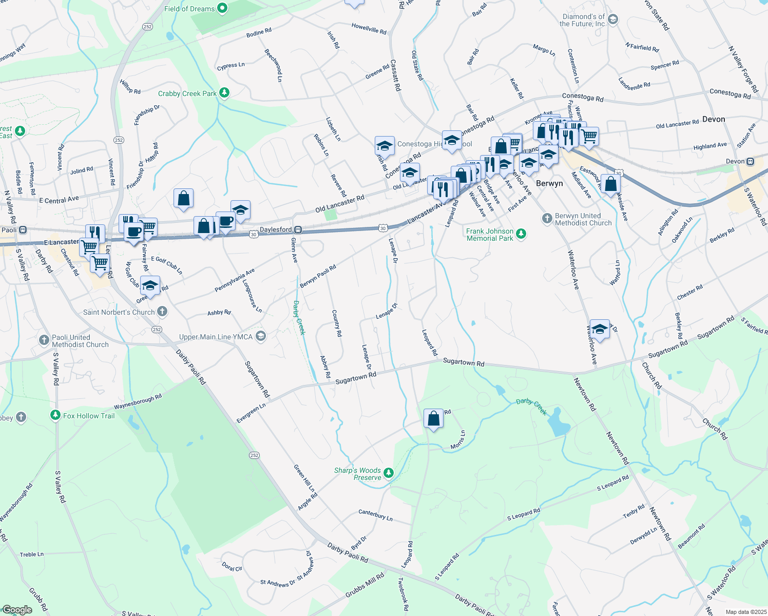 map of restaurants, bars, coffee shops, grocery stores, and more near 238 Lenape Drive in Berwyn