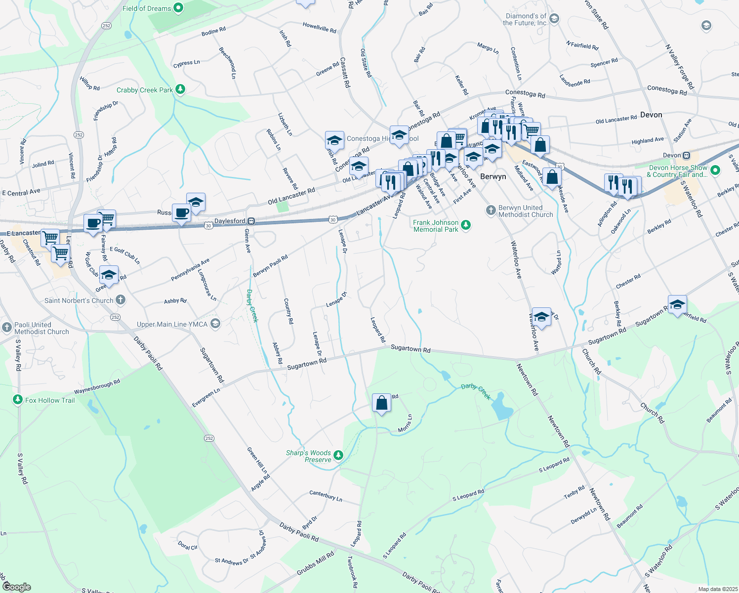 map of restaurants, bars, coffee shops, grocery stores, and more near 260 Leopard Road in Berwyn