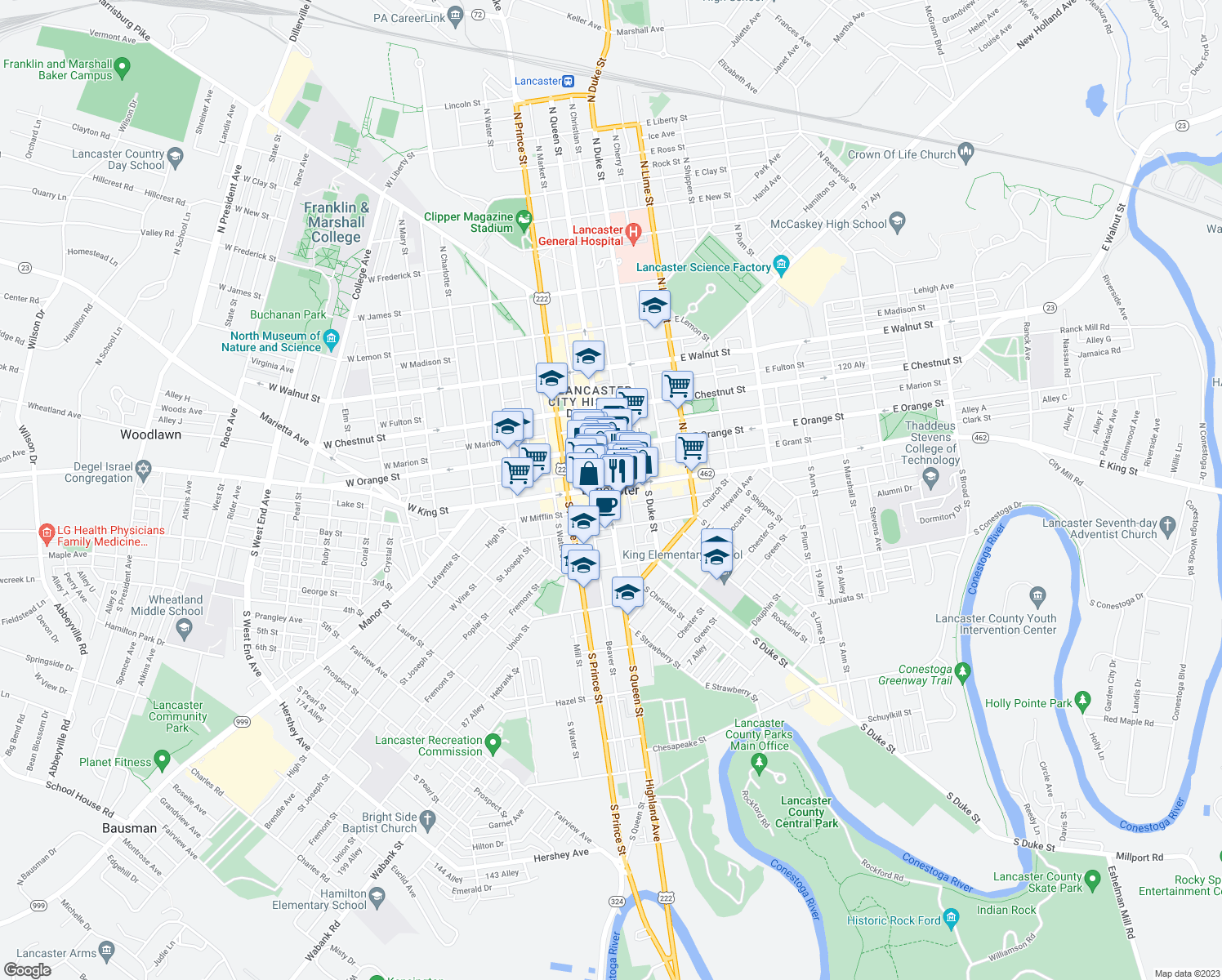 map of restaurants, bars, coffee shops, grocery stores, and more near in Lancaster