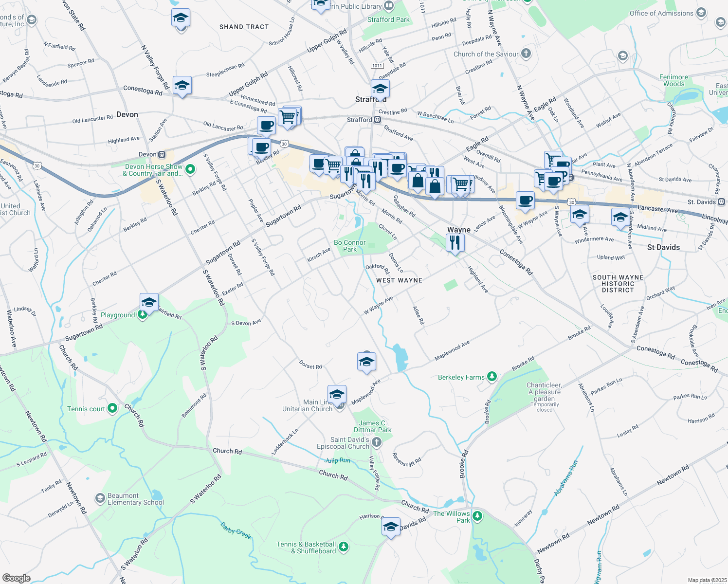 map of restaurants, bars, coffee shops, grocery stores, and more near 106 Oakford Circle in Wayne