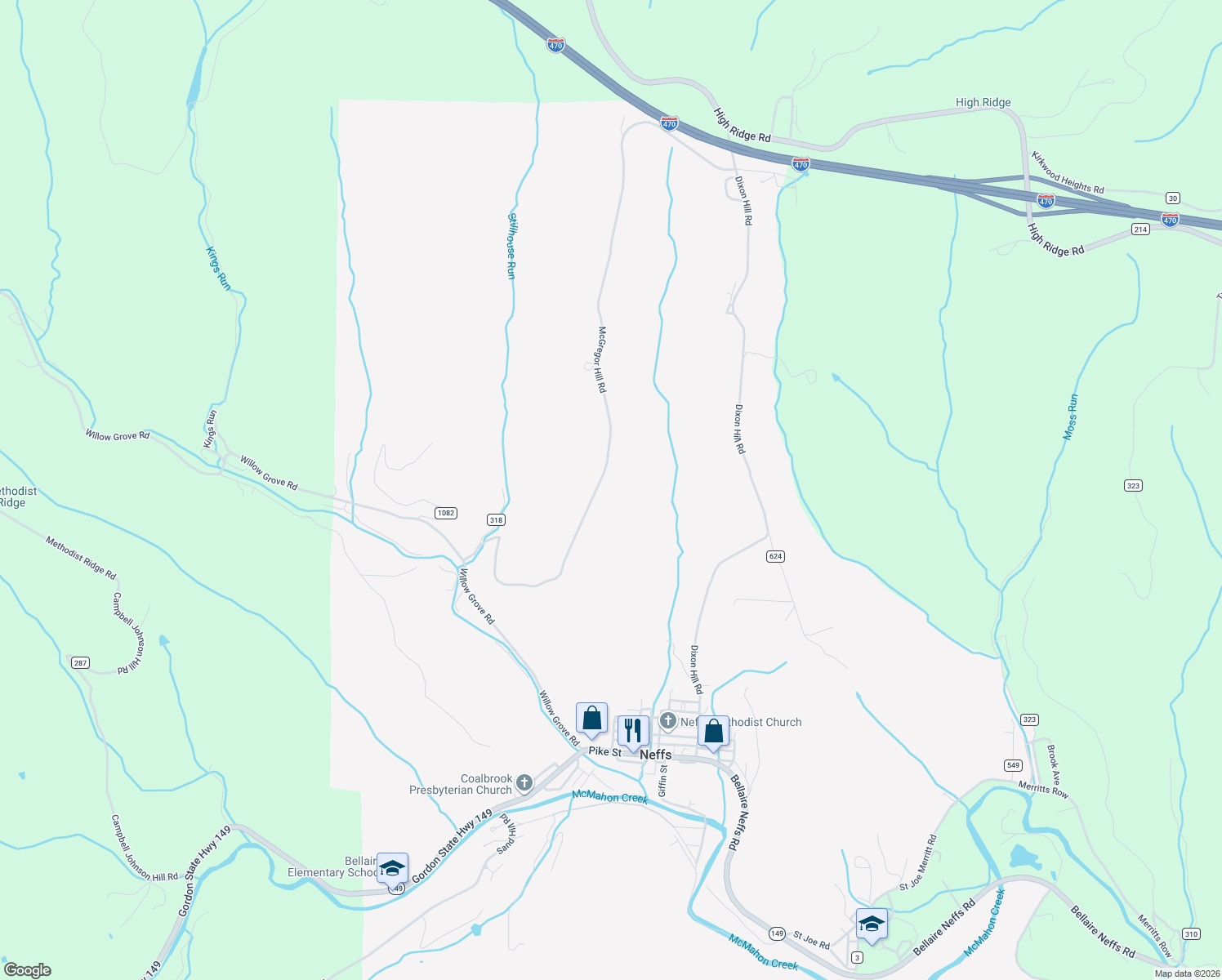 map of restaurants, bars, coffee shops, grocery stores, and more near 65901 McGregor Hill Road in Bellaire