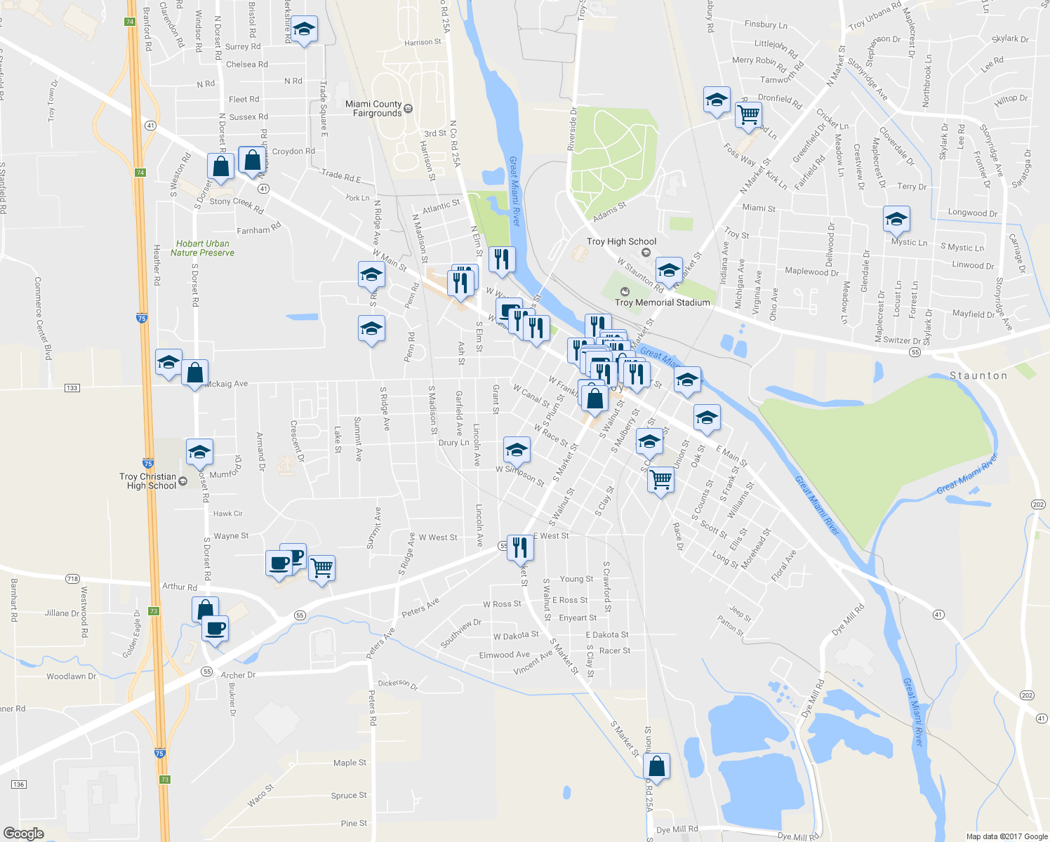 map of restaurants, bars, coffee shops, grocery stores, and more near 302 West Race Street in Troy