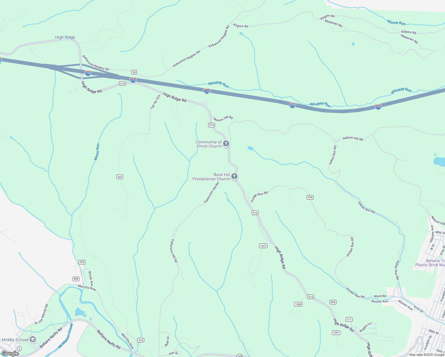 map of restaurants, bars, coffee shops, grocery stores, and more near 65920 Patterson Hill Road in Bellaire