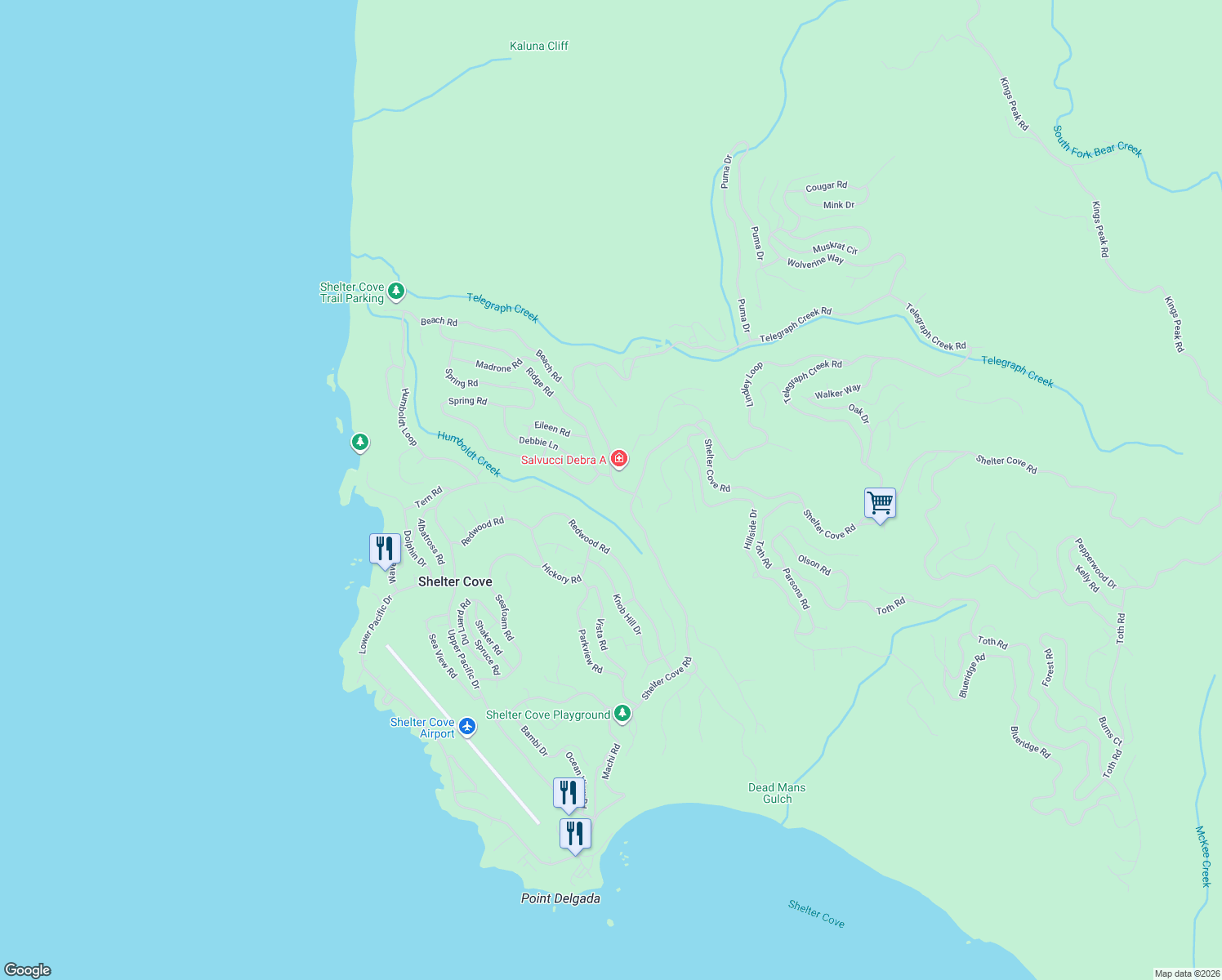 map of restaurants, bars, coffee shops, grocery stores, and more near 48 Beach Road in Whitethorn