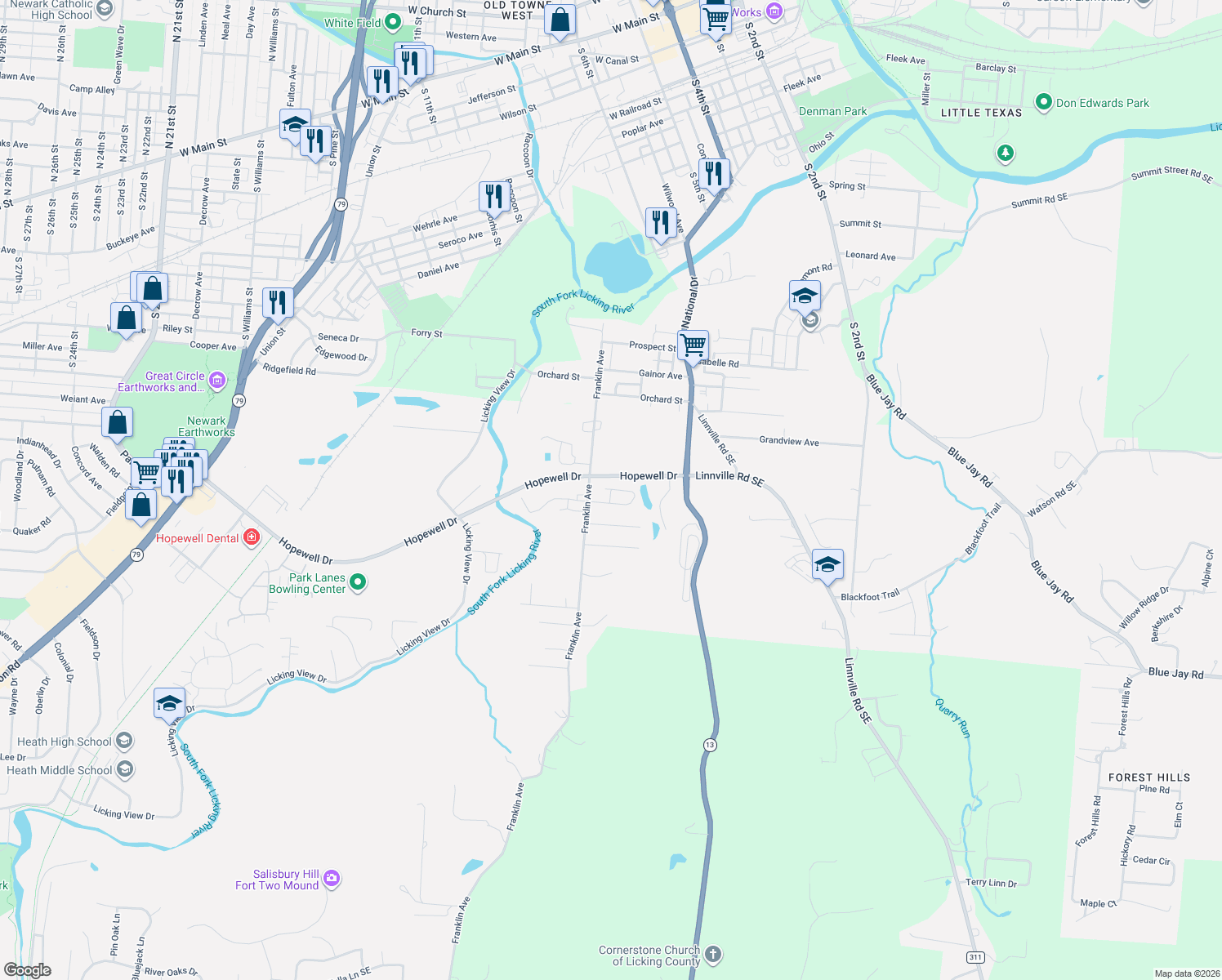 map of restaurants, bars, coffee shops, grocery stores, and more near 975 Hopewell Heights Dr in Heath
