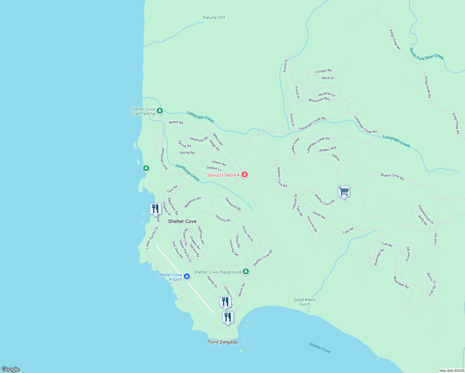 map of restaurants, bars, coffee shops, grocery stores, and more near 38 Spring Rd in Whitethorn