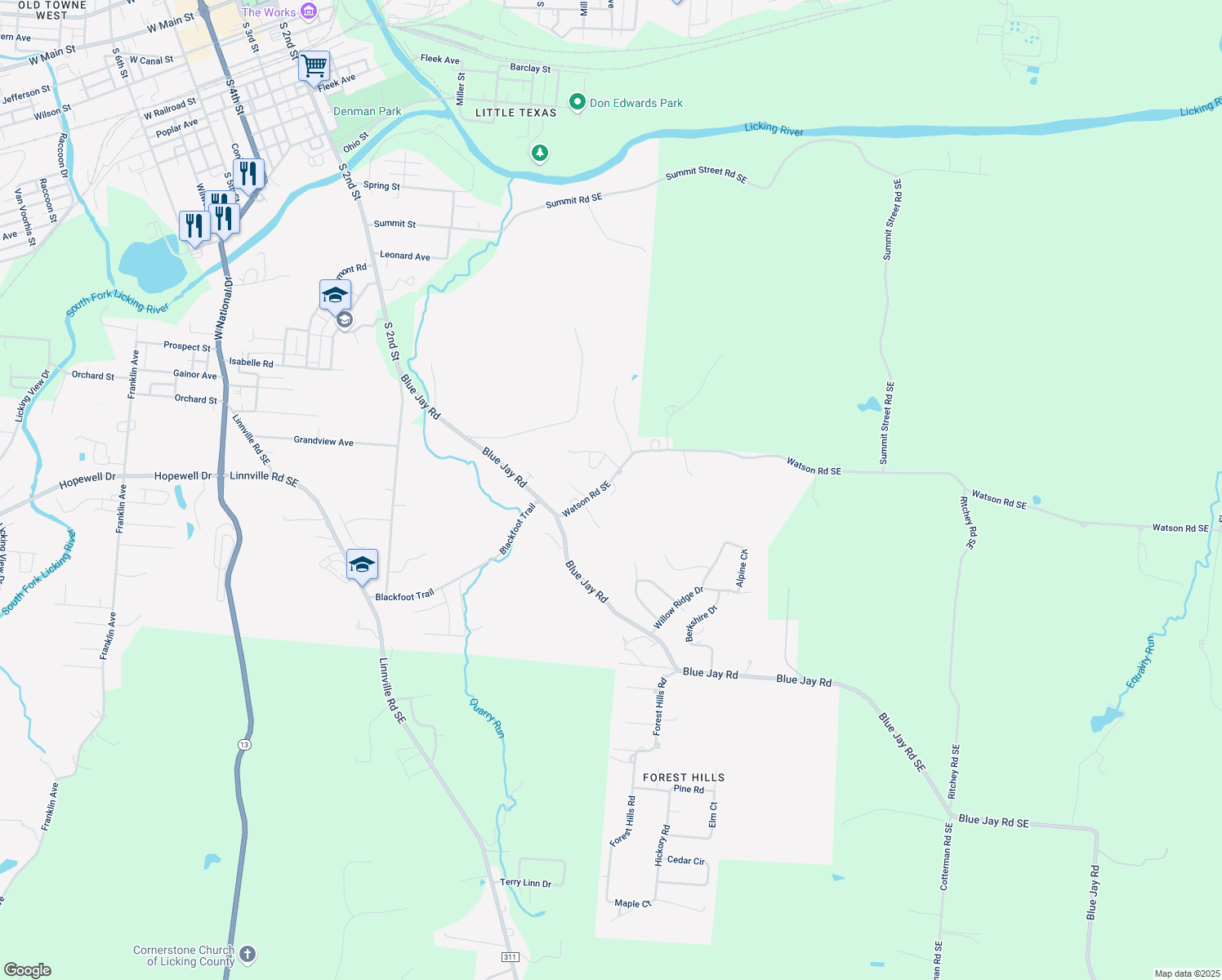 map of restaurants, bars, coffee shops, grocery stores, and more near 1705 Watson Road Southeast in Heath
