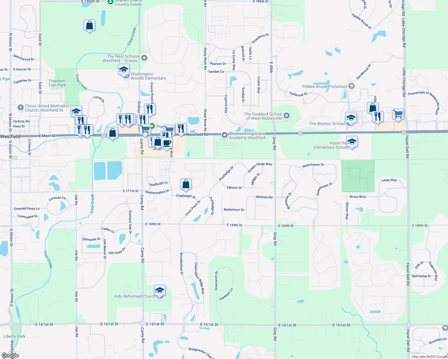 map of restaurants, bars, coffee shops, grocery stores, and more near 17209 Puntledge Drive in Noblesville
