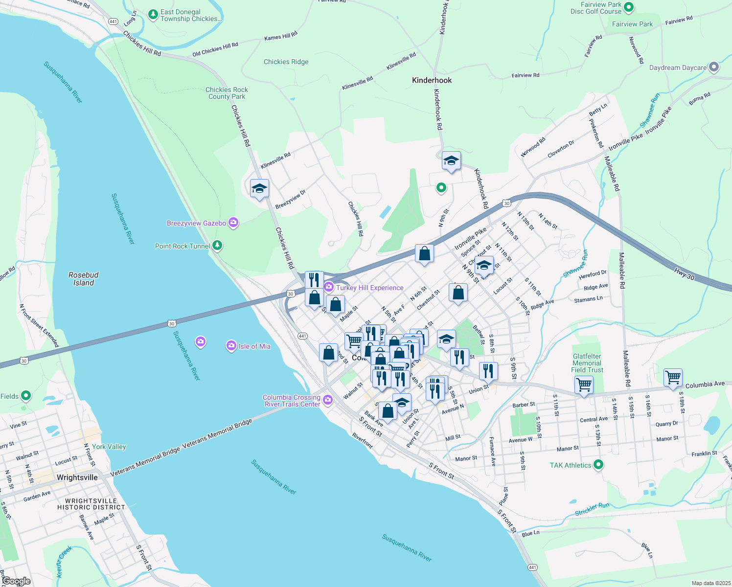 map of restaurants, bars, coffee shops, grocery stores, and more near 459 Maple Street in Columbia