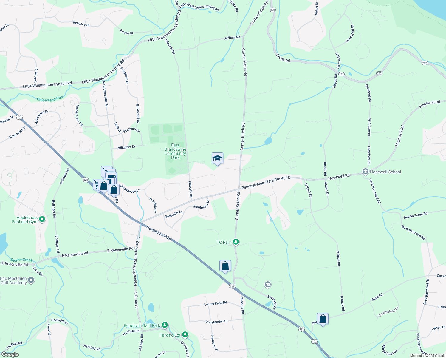 map of restaurants, bars, coffee shops, grocery stores, and more near 484 Hopewell Rd in Downingtown