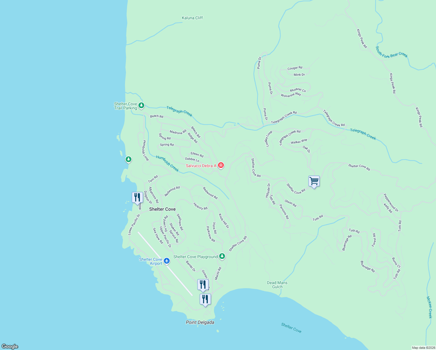 map of restaurants, bars, coffee shops, grocery stores, and more near 48 Beach Rd in Whitethorn