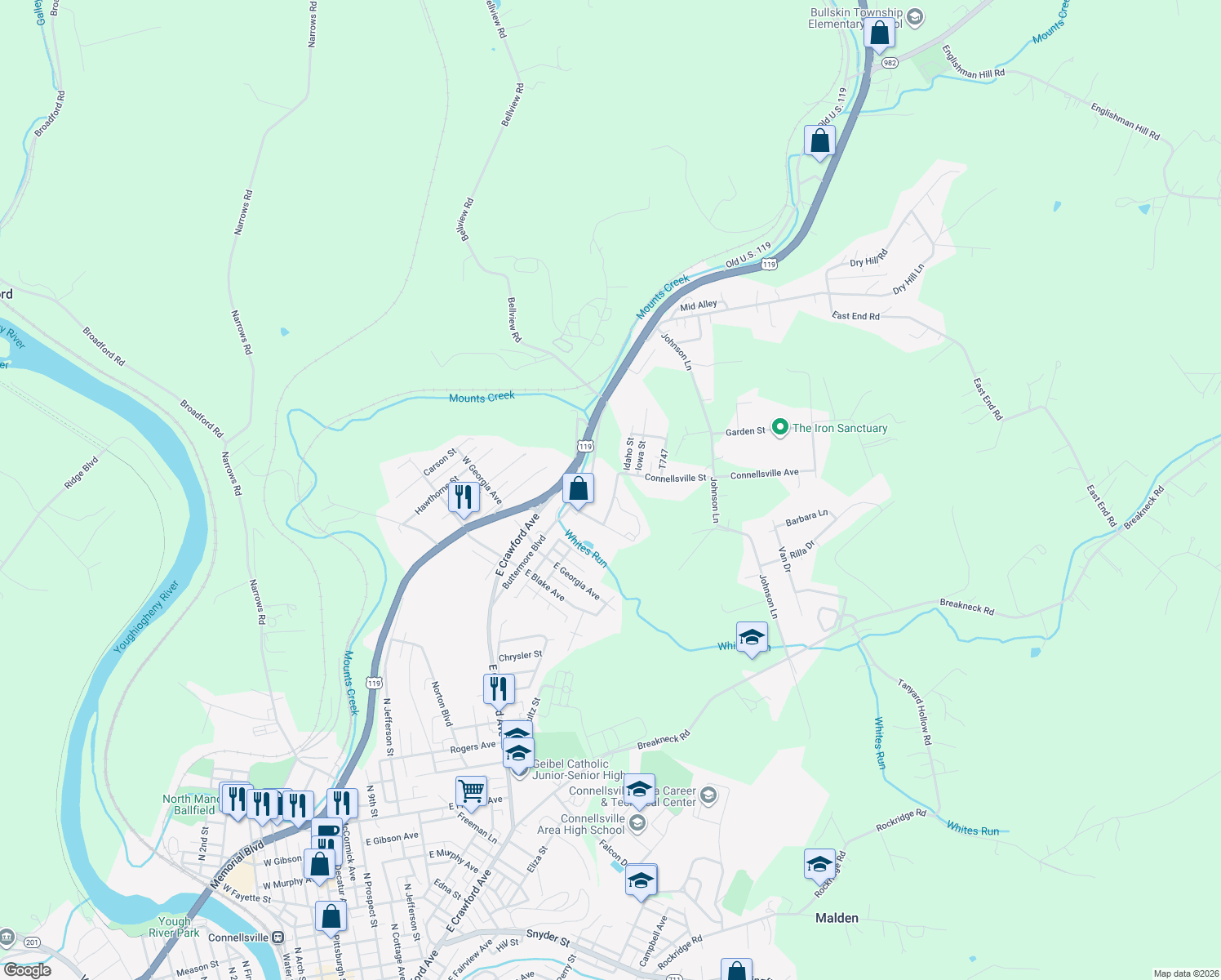 map of restaurants, bars, coffee shops, grocery stores, and more near 1802 Kentucky Ave in Connellsville