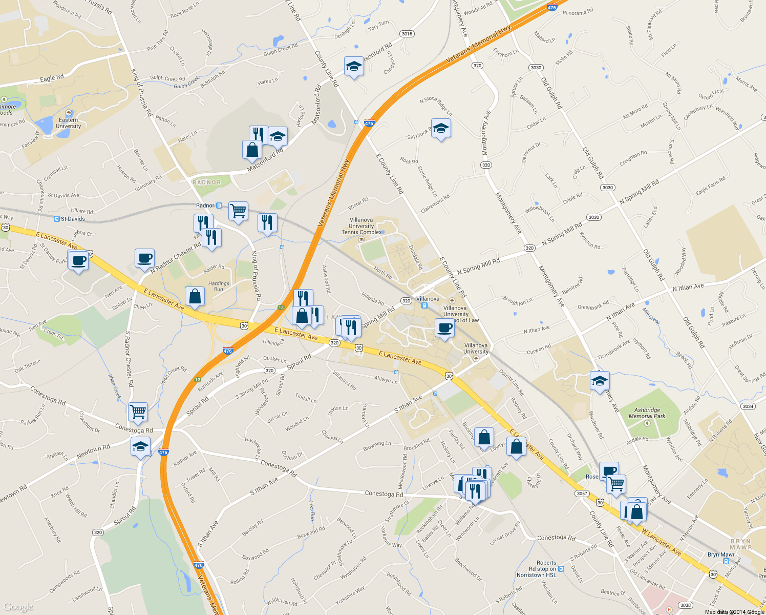 map of restaurants, bars, coffee shops, grocery stores, and more near 208 Hilldale Road in Villanova