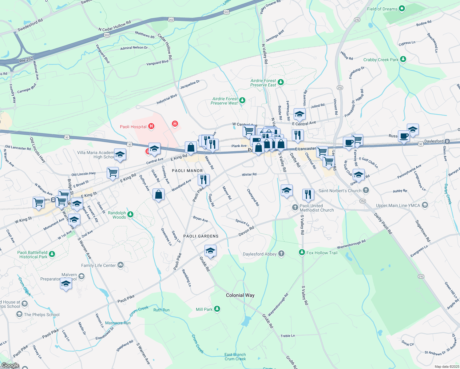 map of restaurants, bars, coffee shops, grocery stores, and more near 110 South Cedar Hollow Road in Paoli