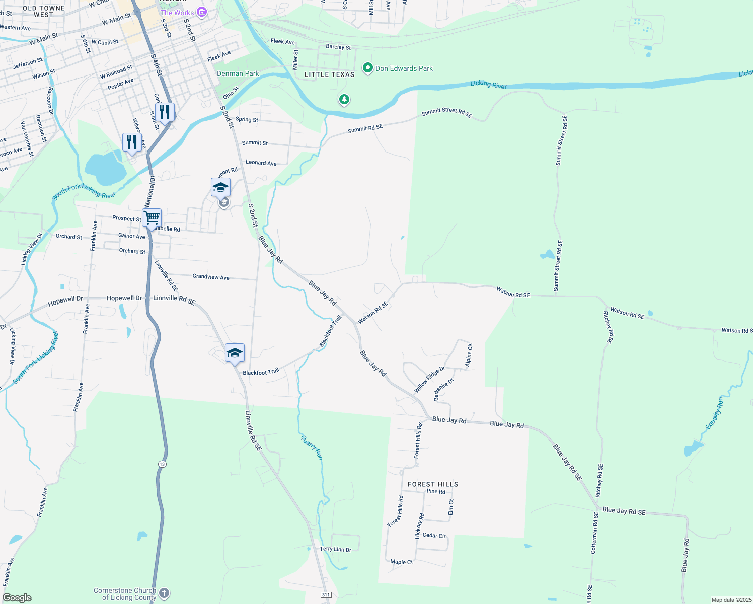 map of restaurants, bars, coffee shops, grocery stores, and more near 1682 Watson Road Southeast in Heath
