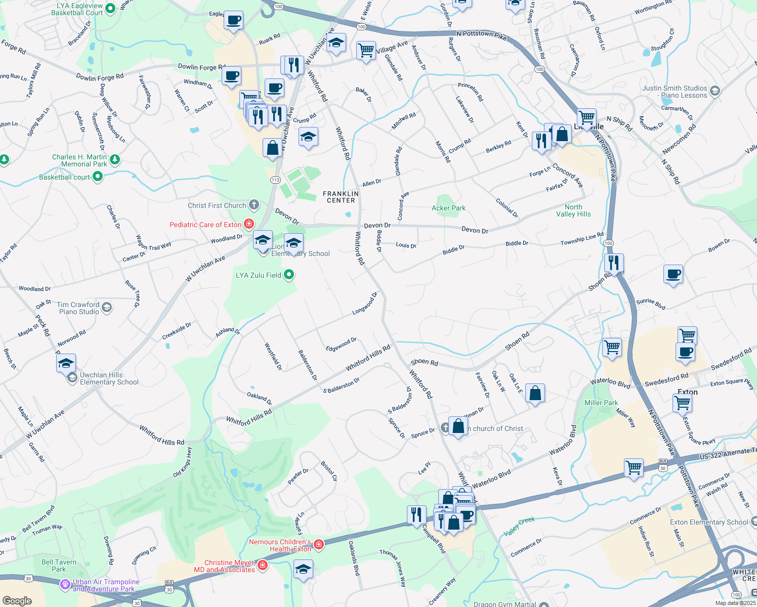 map of restaurants, bars, coffee shops, grocery stores, and more near 402 Longwood Drive in Exton