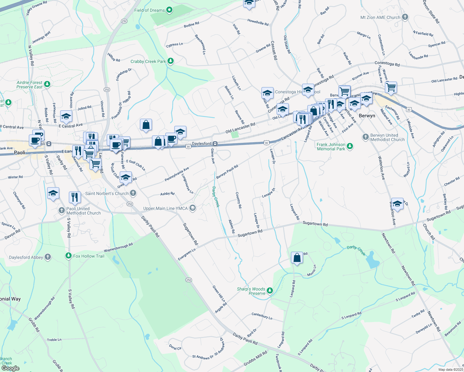 map of restaurants, bars, coffee shops, grocery stores, and more near 214 Country Rd in Berwyn
