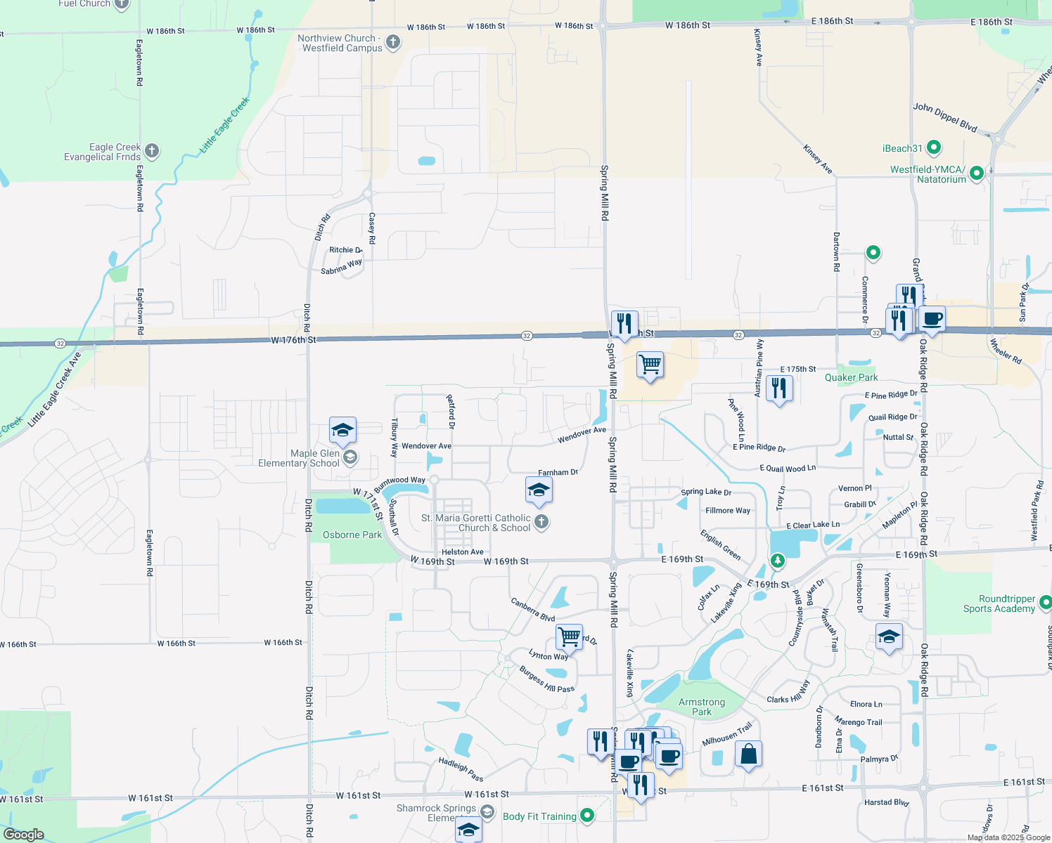 map of restaurants, bars, coffee shops, grocery stores, and more near 17388 Cayuga Drive in Westfield