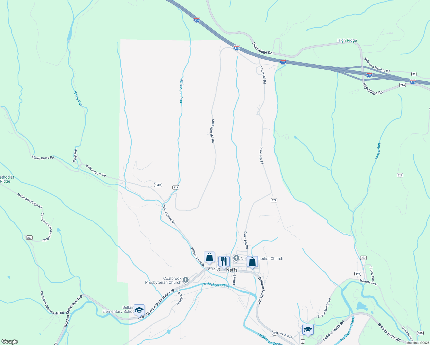map of restaurants, bars, coffee shops, grocery stores, and more near 65901 McGregor Hill Road in Bellaire