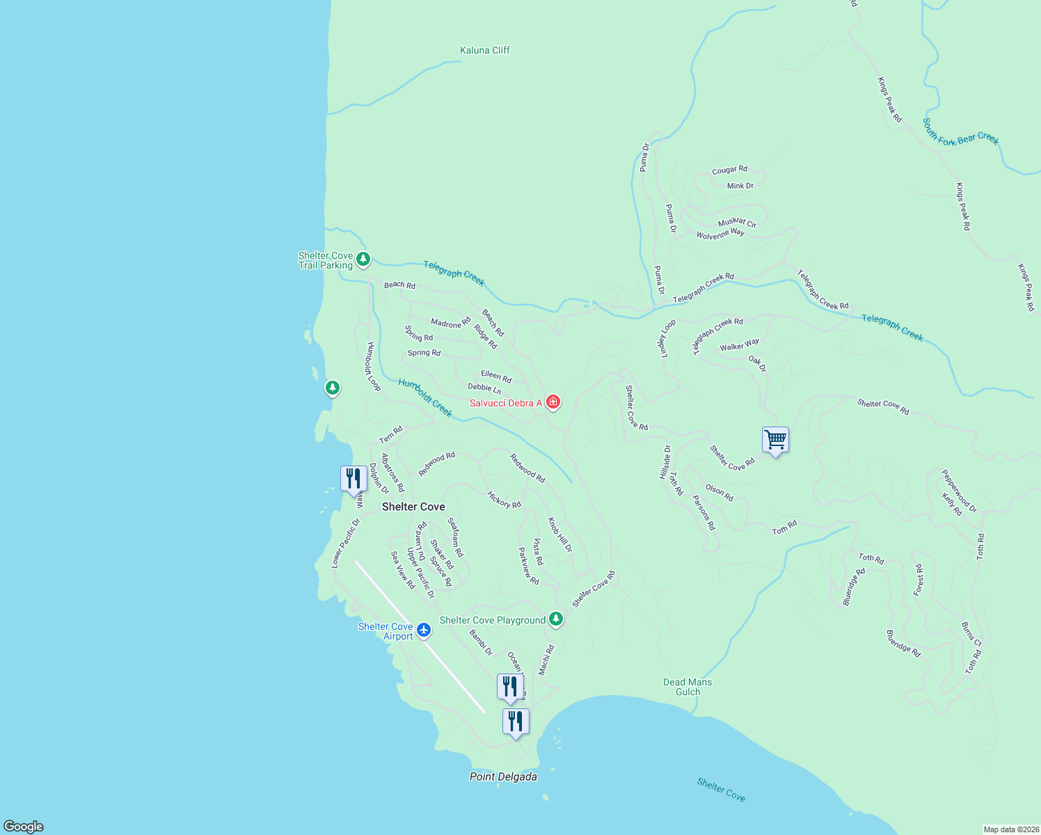 map of restaurants, bars, coffee shops, grocery stores, and more near 38 Spring Rd in Whitethorn