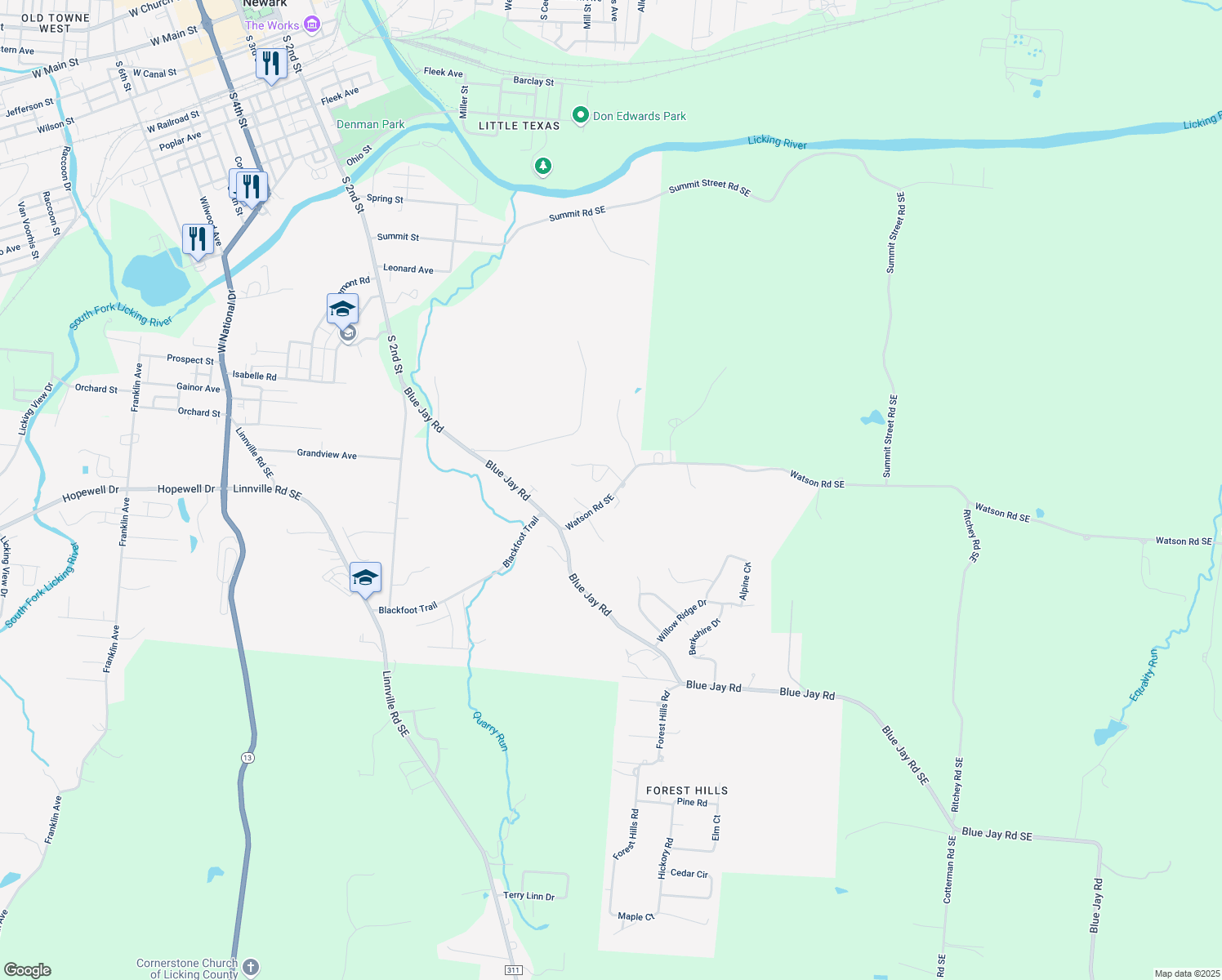 map of restaurants, bars, coffee shops, grocery stores, and more near 1705 Watson Road Southeast in Heath