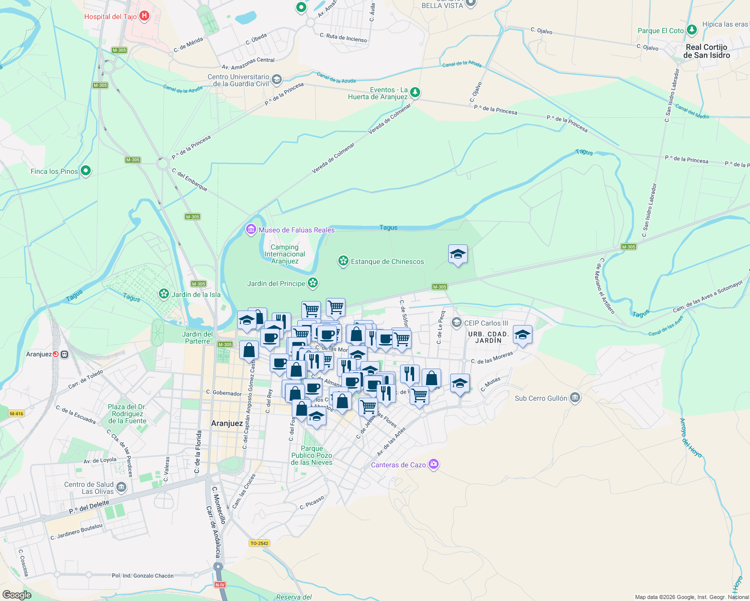 map of restaurants, bars, coffee shops, grocery stores, and more near Calle de la Reina in Aranjuez