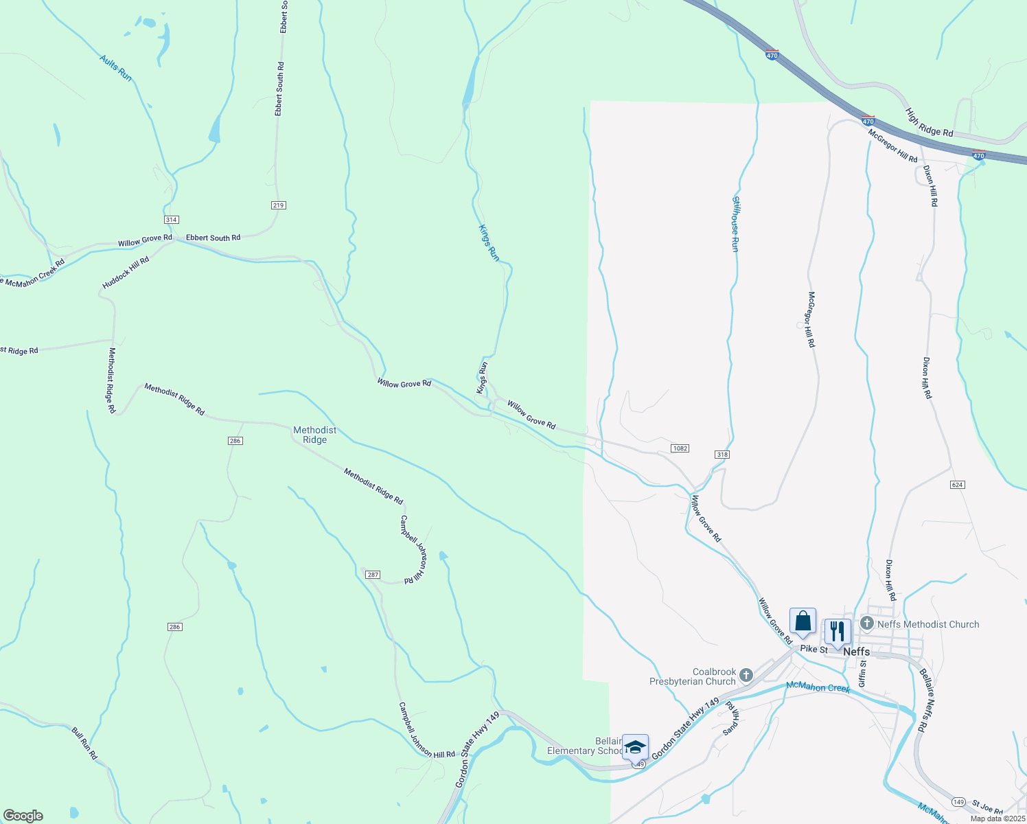 map of restaurants, bars, coffee shops, grocery stores, and more near 65721 Willow Grove Road in Bellaire