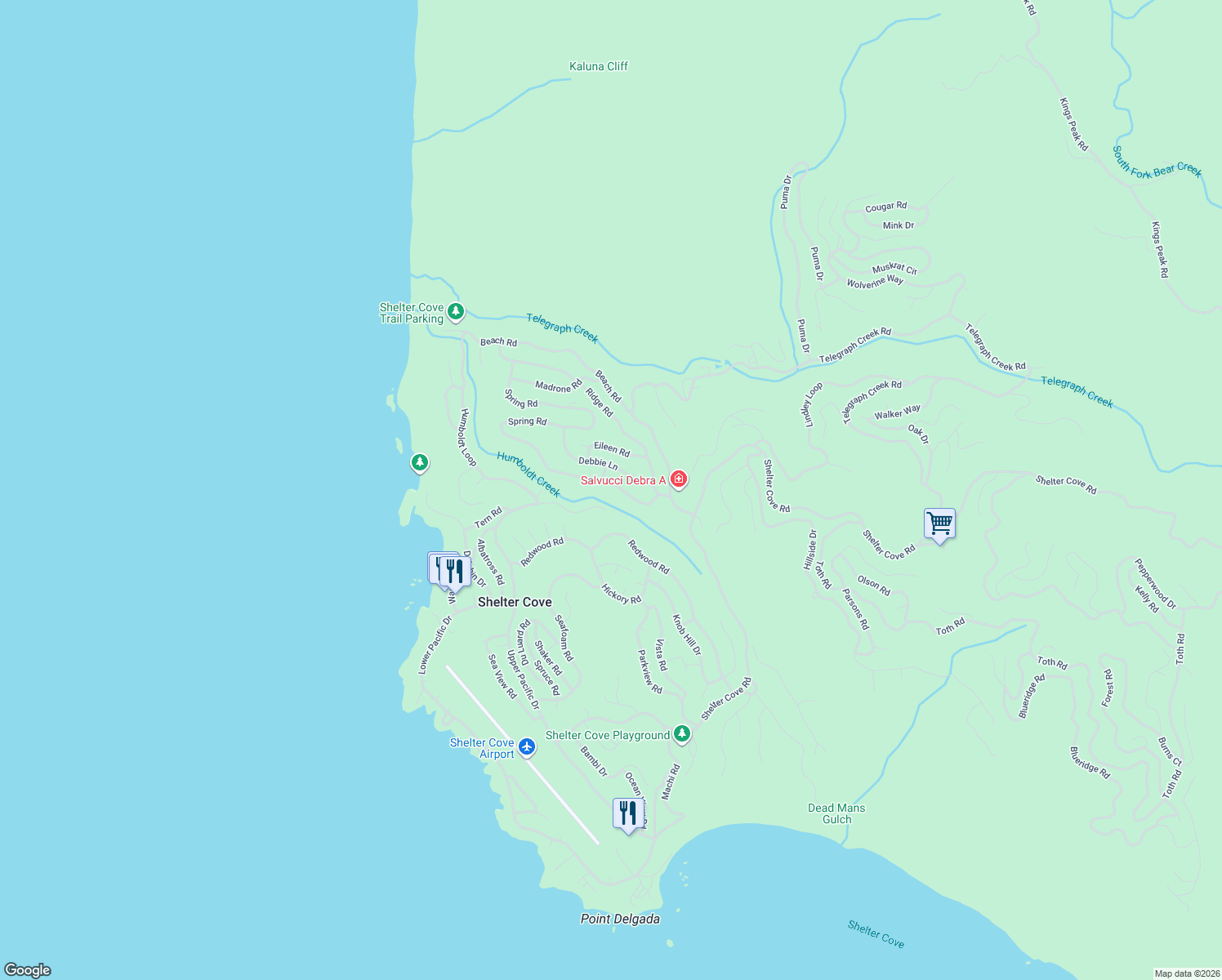 map of restaurants, bars, coffee shops, grocery stores, and more near 106 Debbie Ln in Whitethorn