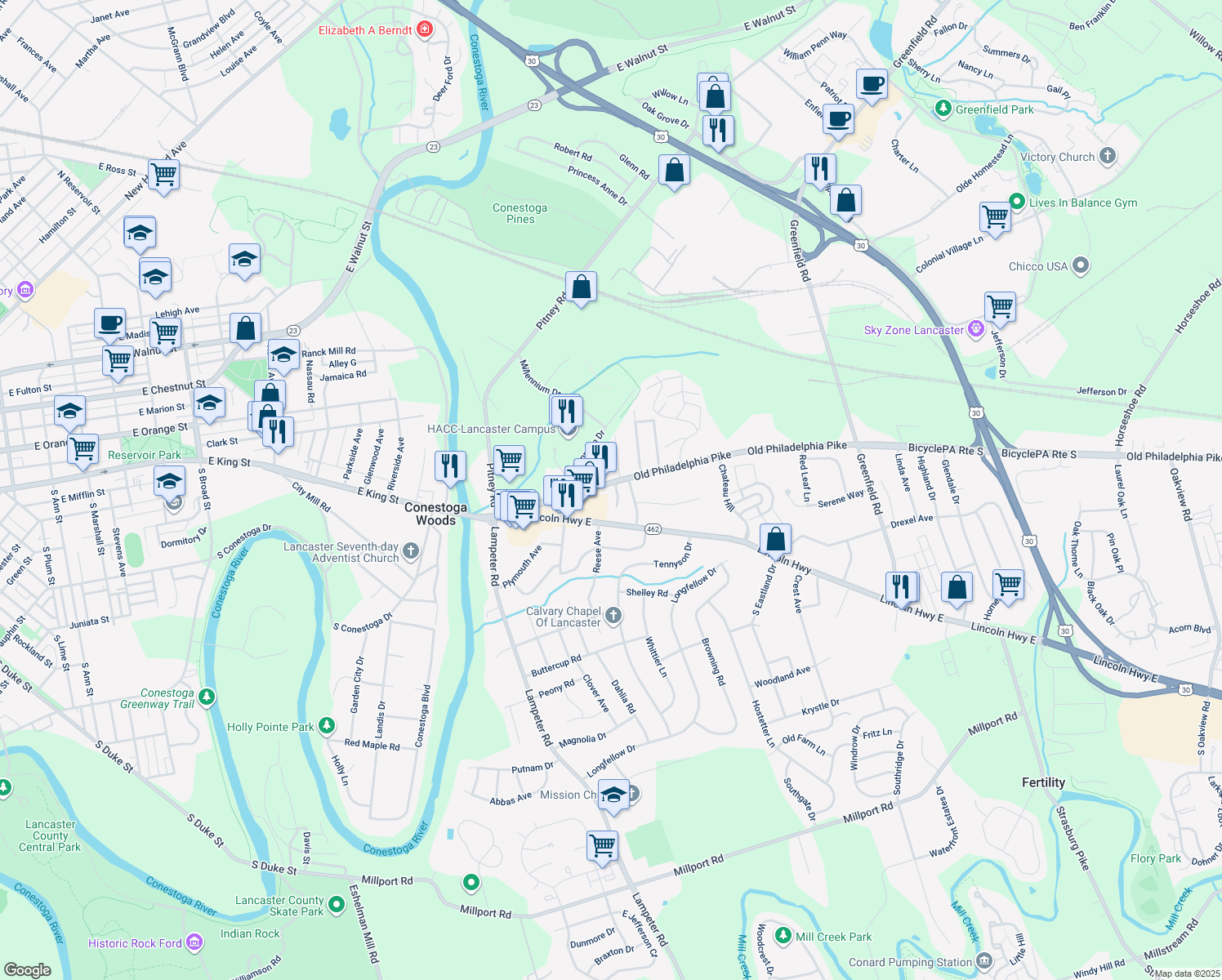 map of restaurants, bars, coffee shops, grocery stores, and more near 1666 Old Philadelphia Pike in Lancaster