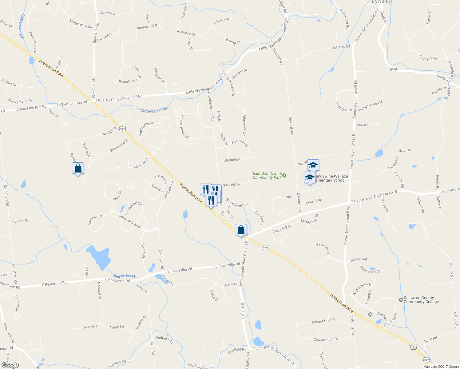 map of restaurants, bars, coffee shops, grocery stores, and more near 6 Quail Hill Lane in Downingtown