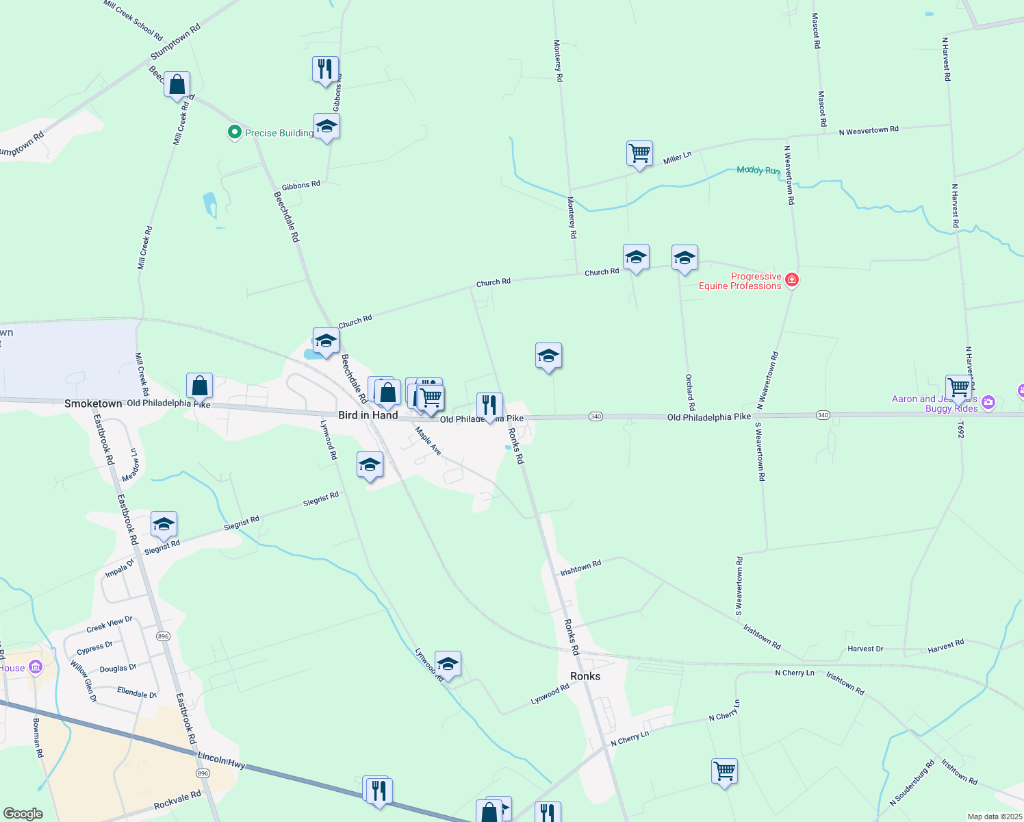 map of restaurants, bars, coffee shops, grocery stores, and more near 2801 Old Philadelphia Pike in Bird in Hand