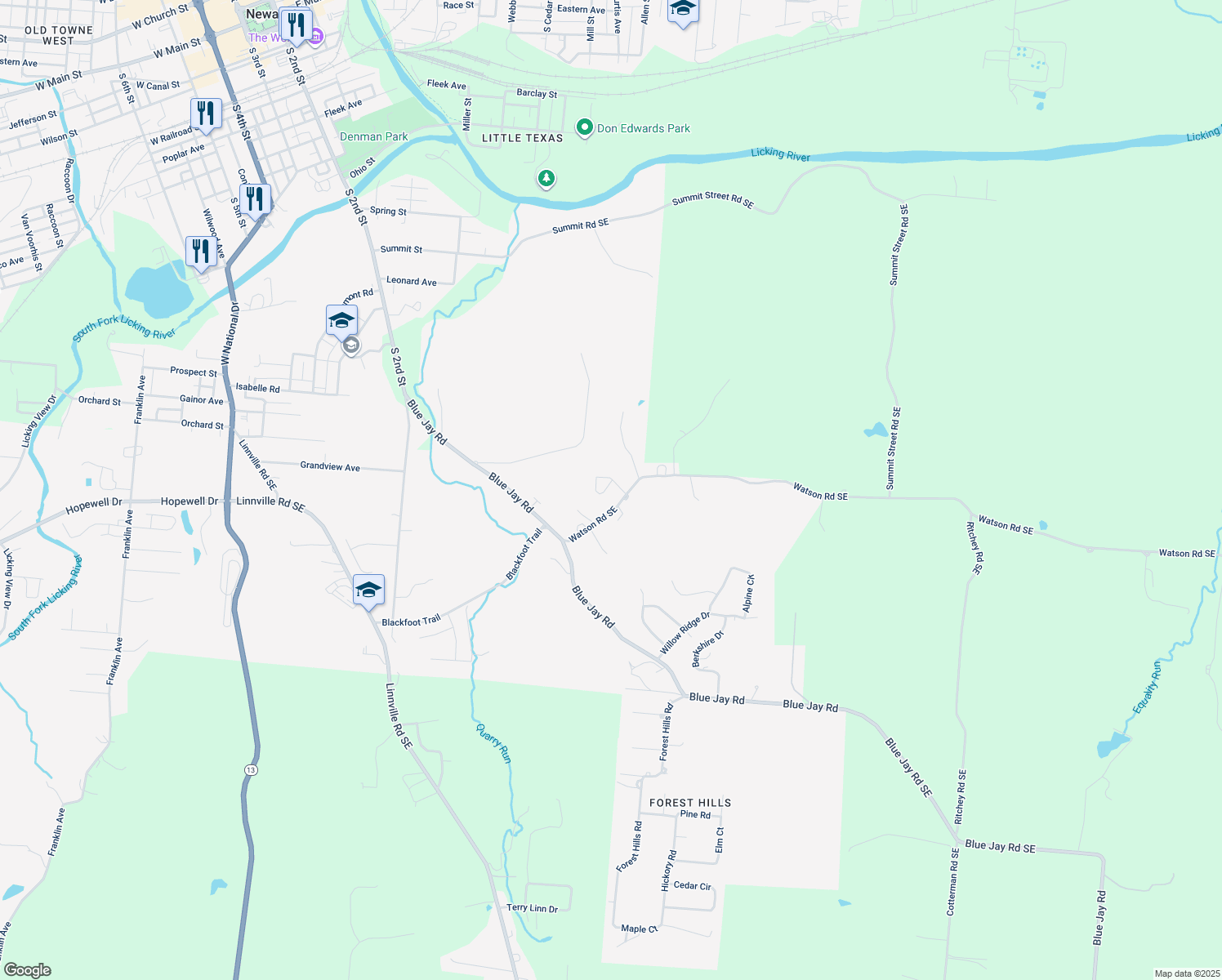 map of restaurants, bars, coffee shops, grocery stores, and more near 1710 Watson Road Southeast in Heath