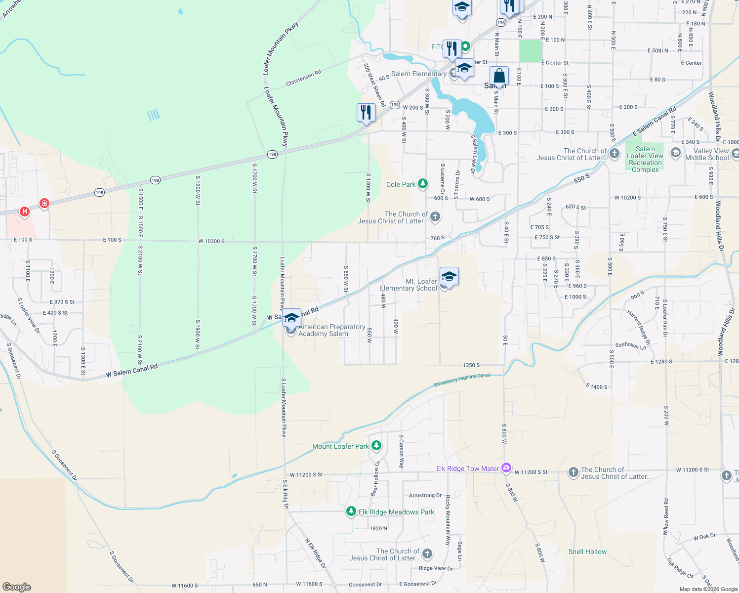 map of restaurants, bars, coffee shops, grocery stores, and more near 1275 South 550 West in Salem